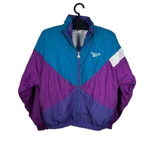 Vintage Reebok Jacket Womens Medium Blue Purple Windbreaker Full Zip 90s